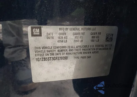 2016 Chevrolet Malibu Ls из США, поврежденный, VIN 1G1ZB5ST3GF278090